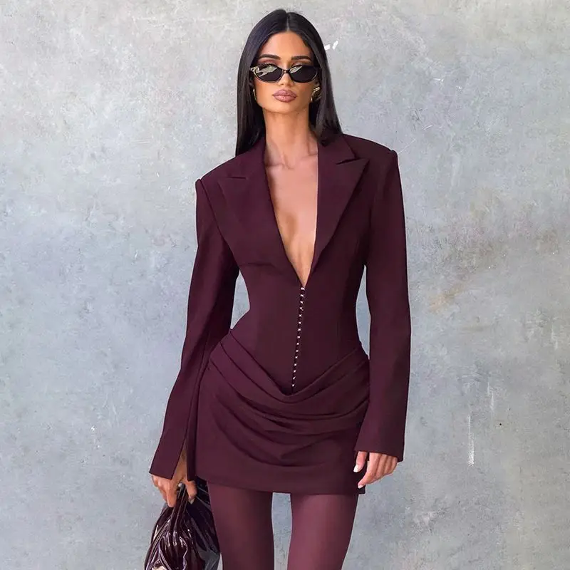 

New Fashion Coffee/Brown/Wine Red Women Blazer Dress Deep V Neck Ruched Bodycon Elegant Office Lady Dress Outfit, Sizes S/M/L