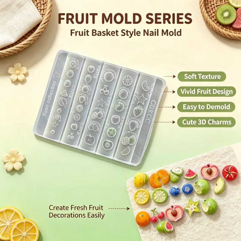 DIY Fruit Basket Style Silicone Nail Mold Realistic Fruit Three Dimensional Nail Charms Embossing Mold
