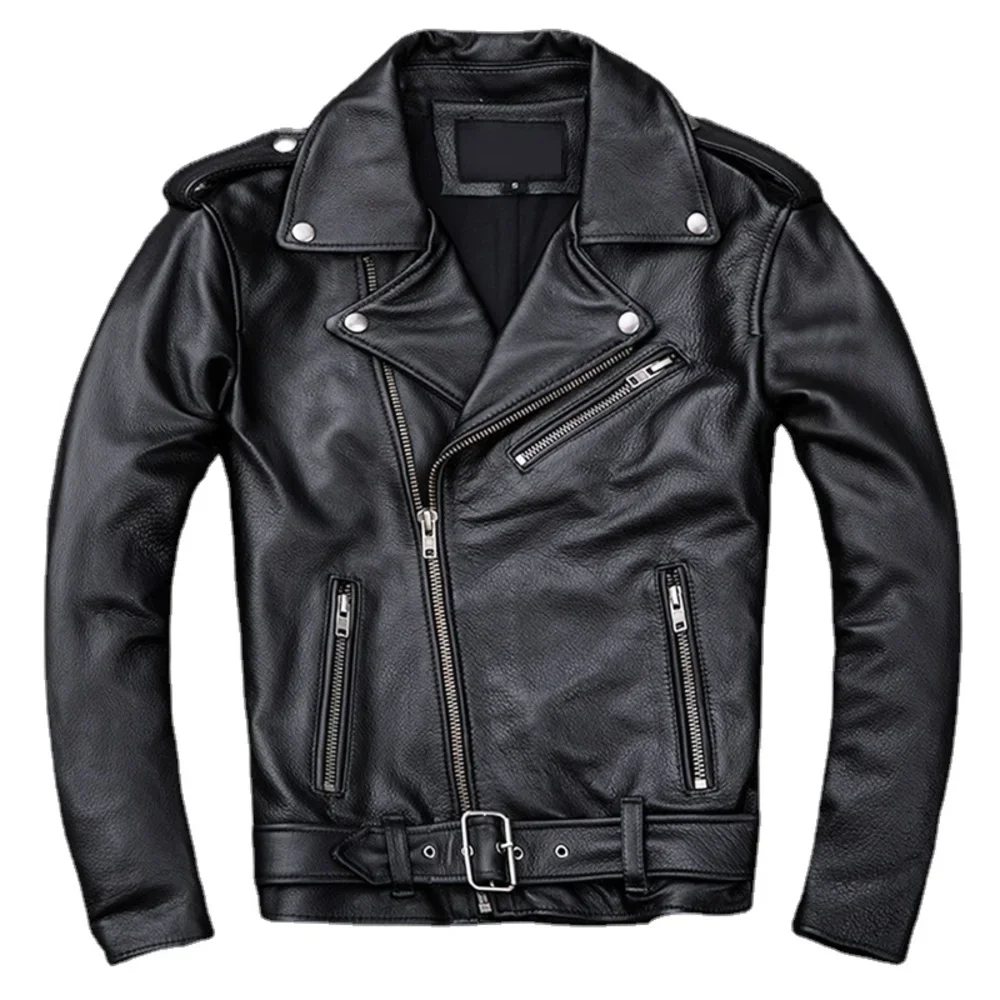 2024 Classical Spring Motorcycle Oblique Zipper s Men Leather Natural Calf Skin Thick Slim Cowhide Moto Biker Jacket Man