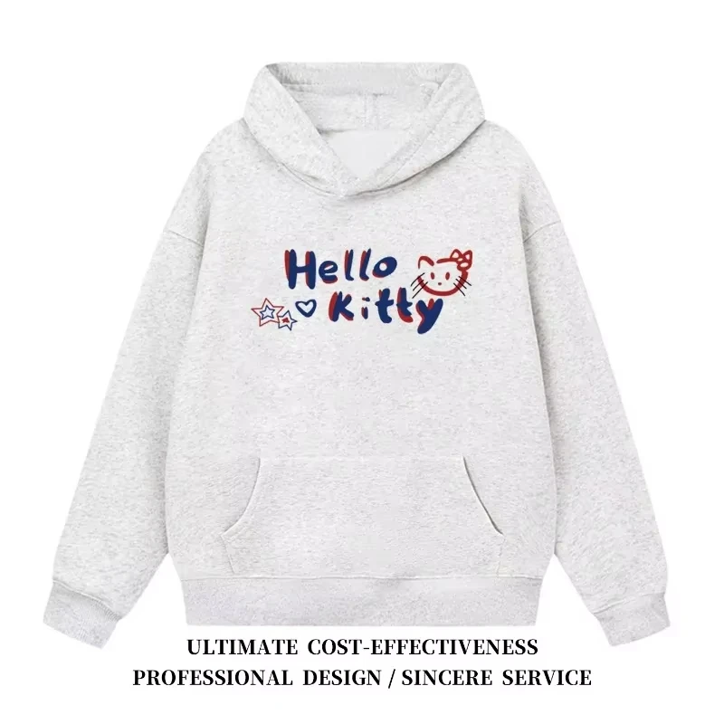 سويت شيرت بقلنسوة مطبوع عليه علامة تجارية أزياء أمريكية HelloKitty للسيدات في الربيع والخريف، بلوزة جديدة فضفاضة ومتعددة الاستخدامات بأكمام طويلة