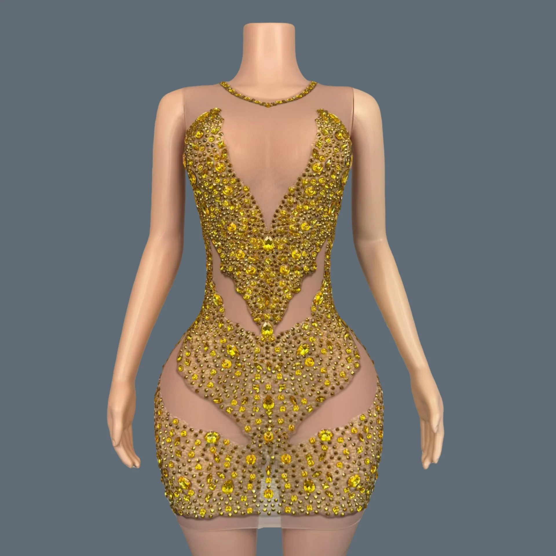

Luxury High-end Cocktail Dress Golden Sparkly Crystals Tight Fitting Short Dress Bar Birthday Party Photo Shoot Wear Huangjinjia