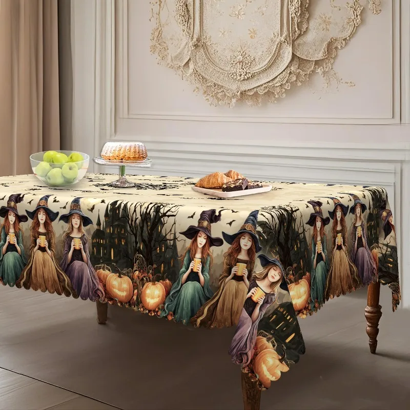 Halloween Witch Pumpkin Tablecloth Vintage Castle Bat Print Table Cover Waterproof Dining Room Decor