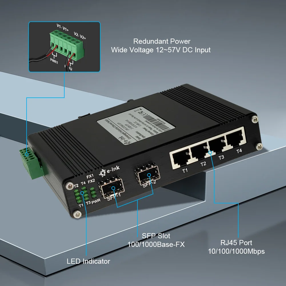 Industrial Gigabit Ethernet to SFP Fiber Converter Switch With 4 RJ45 and 2 SFP Ports 12~58VDC, SFP, SC, FC, ST Optional