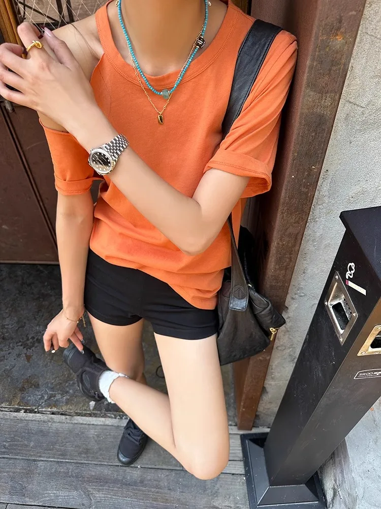 

Orange Off Shoulder Short Sleeved T-Shirt For Women'S Summer 2024 New Simple And Slim Loose Fashion Top