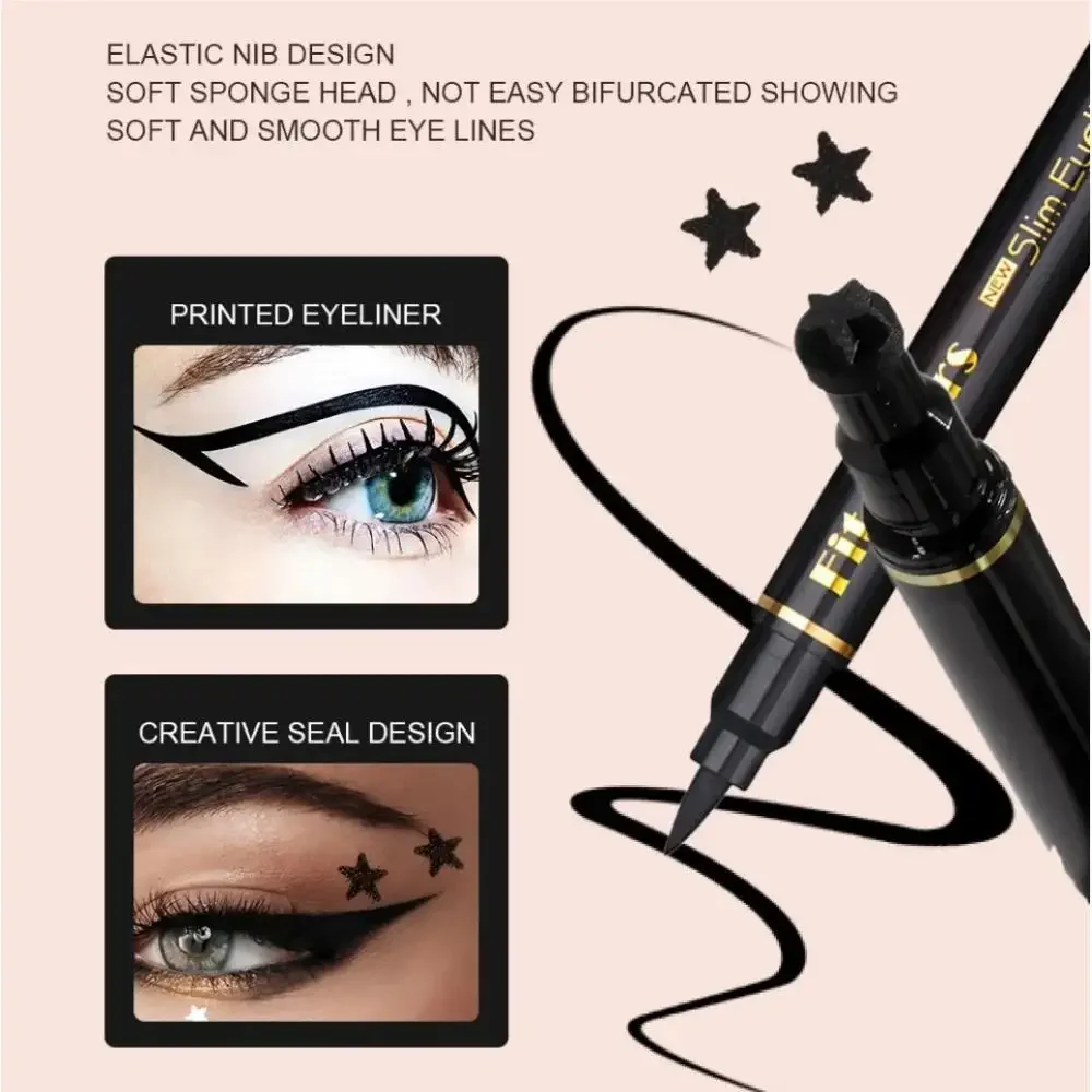 Doppelseitiger Eyeliner mit schwarzem Herz-Stern-Stempel, wasserfest, schnell trocknend, flüssiger Eyeliner, 6-teiliges Set, wischfestes Make-up-Set