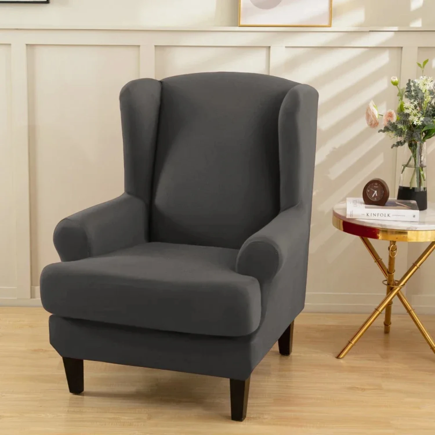 Solid Colour Stretch Wingback Armchair Cover with Seat Cushion Cover - Elastic and Removable Sofa Couch Protector - Stylish Wing