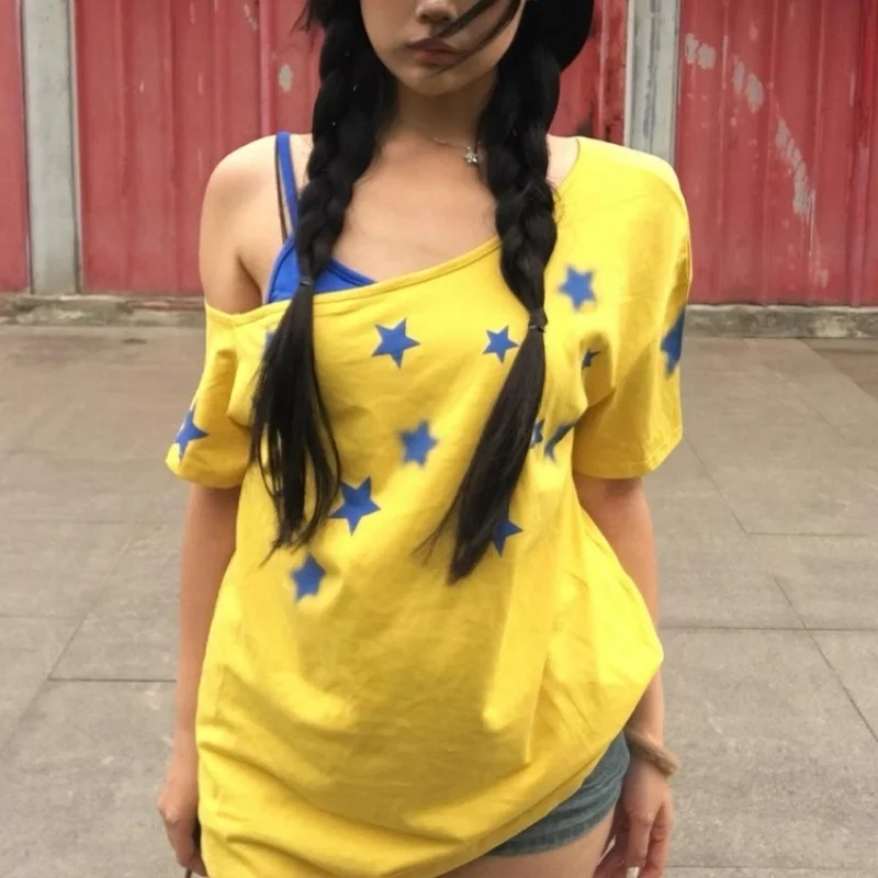 

American Star Print Slanted Neck Off Shoulder Short Sleeved T-shirt Summer Hot Girl Fake Two-piece Top Loose Sexy Korean Y2K TEE