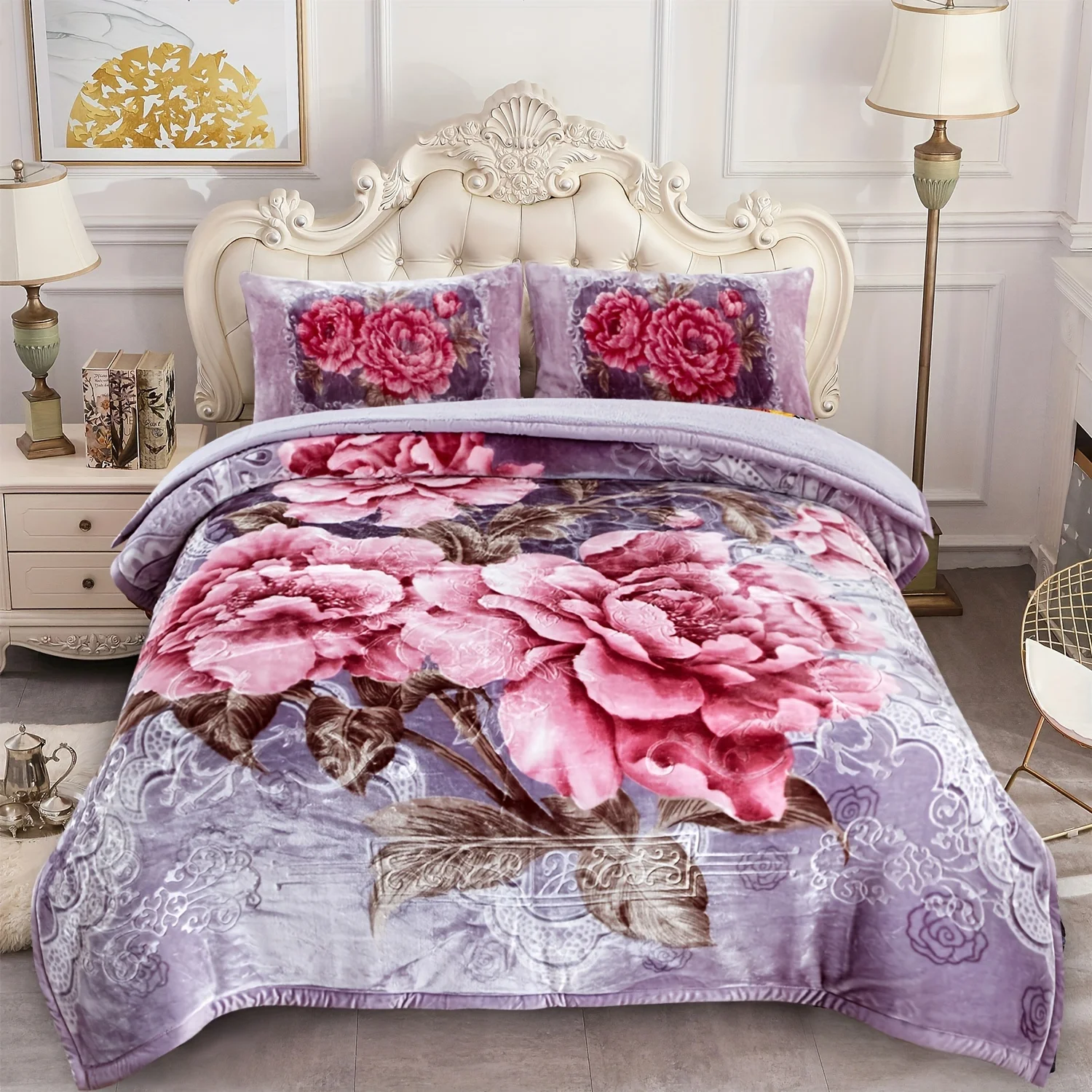 

3pcs Blanket Comforter Set, 3 Ply 8 Lbs Fleece Super Soft Warm, Korean Style Embossed Borrego Blanket with Filling, Queen Size: