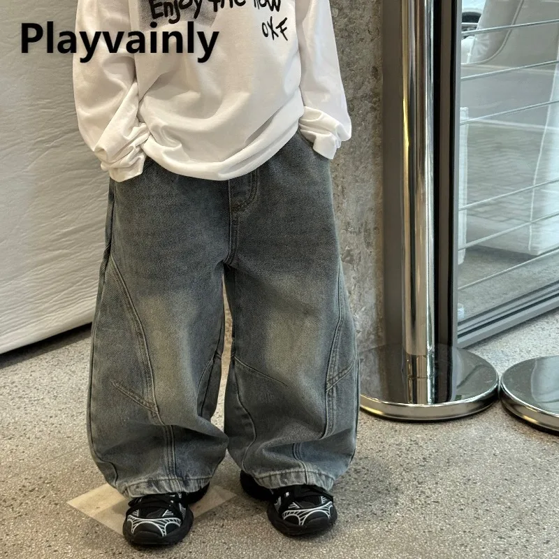 

2025 New Spring Autumn Children Casual Curved Hem Jeans Boys Retro Blue Wide Leg Denim Pants Fashion Loose Kids Trousers A5070