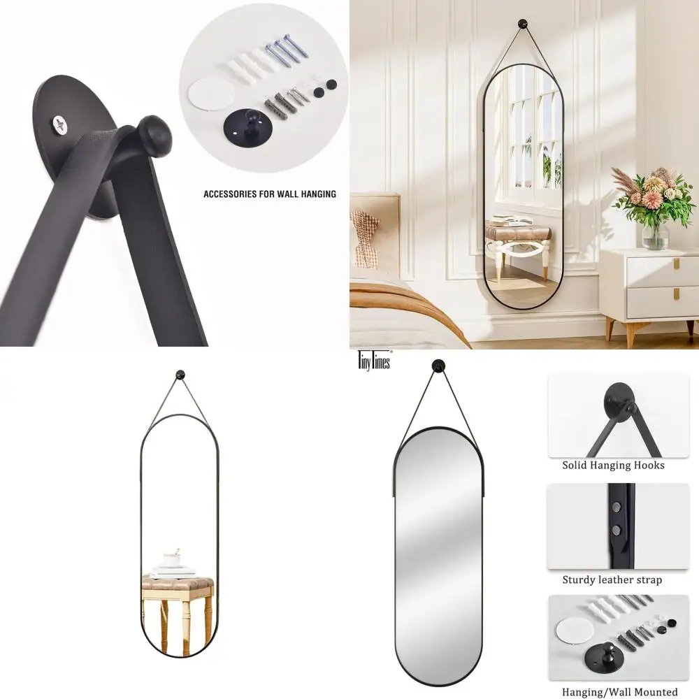 

Oval Hanging Mirror with Leather Strap, 48x16, Wall-Mounted for Bathroom, Vanity, Living Room, Bedroom, and Entryway, Black