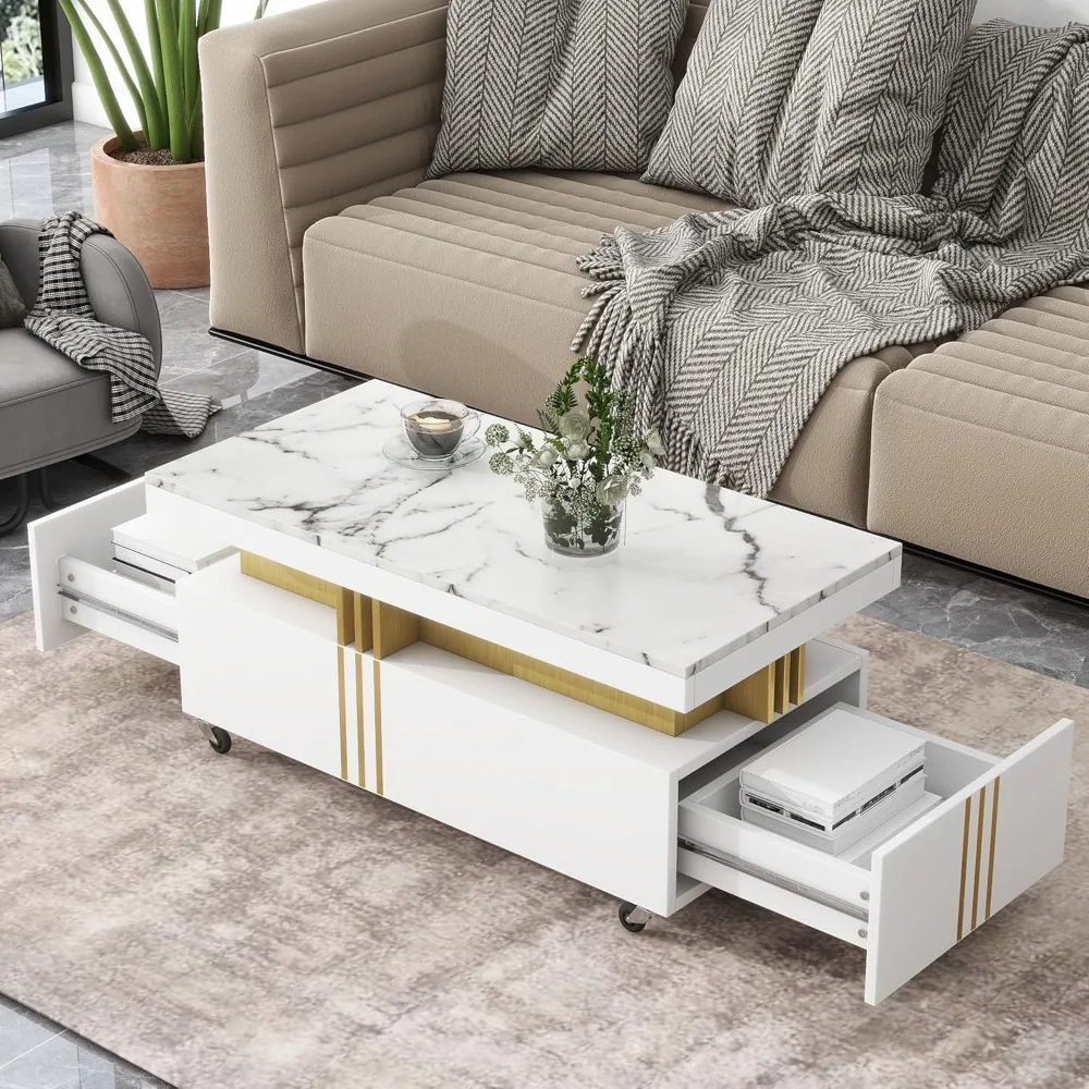 Coffee Table with Faux Marble Top, Modern Center Table with 2 Drawers & Caster Wheels, Contemporary Luxury Cocktail Table