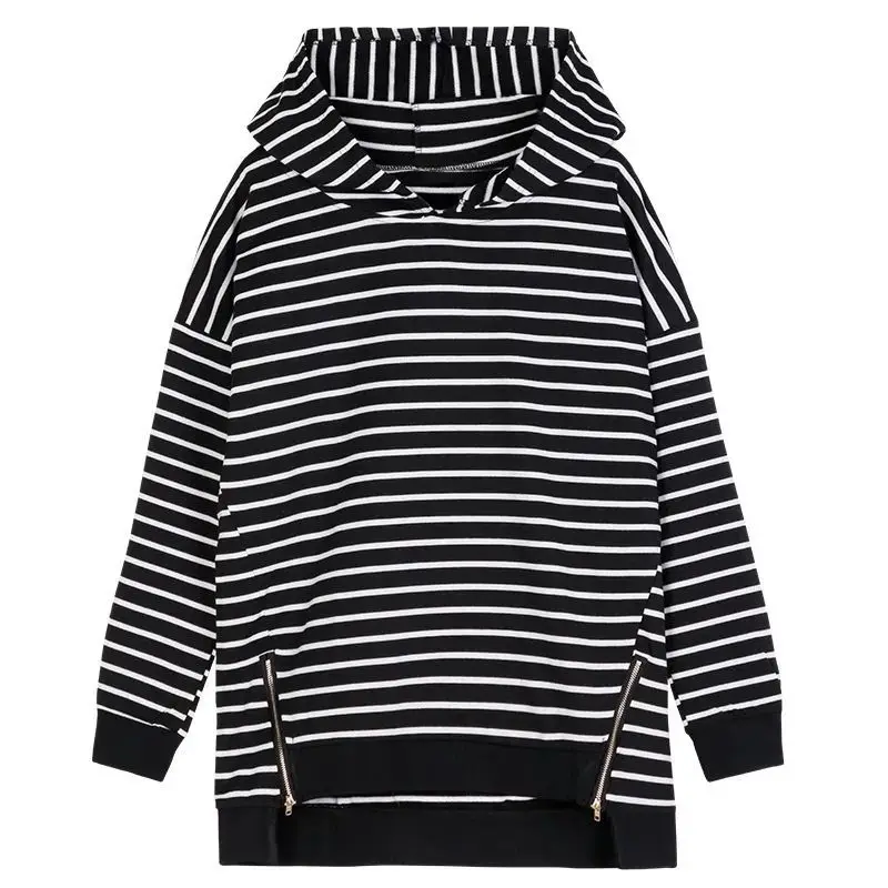 Plus Size 5XL 150KG Autumn Hooded T Shirt Long Sleeve Women Striped T Shirt Large Size Odzież damska Casual Female Big Tops