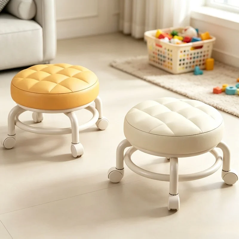 Round Low Rolling Stool with Universal Casters, Mobile Seat for Kids Shoe Changing Home