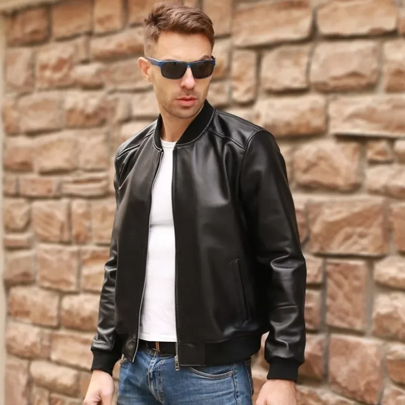 Blouson aviateur aviateur en cuir véritable pour homme, peau de mouton, aviateur mince, vol en cuir véritable, combinaison de pilote Happator noir, grande taille 5XL