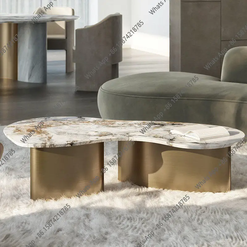 

Italian light luxury marble special-shaped coffee table high-end modern stainless steel coffee table rock slab fashion
