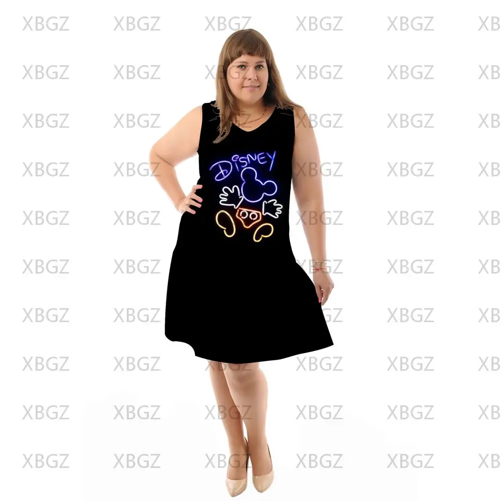 Mulheres Disney Minnie Mouse sem mangas vestido de praia, Chique sem mangas, Plus Size 4XL, 5XL, 6XL, Chubby elegante, Mickey, Verão, 2022