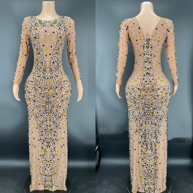 

Full Rhinestone Dress SexyComplexion Long Sleeved Evening Dresses Women Birthday Celebrate Outfit Festival Costume XS4131