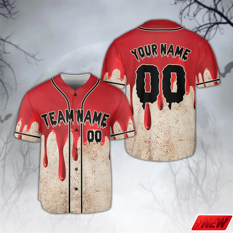 Halloween Custom Name Number Baseball Jersey Men 3D Print Blood Drip Pattern Short Sleeve Top Unisex Horror Party Casual Jersey