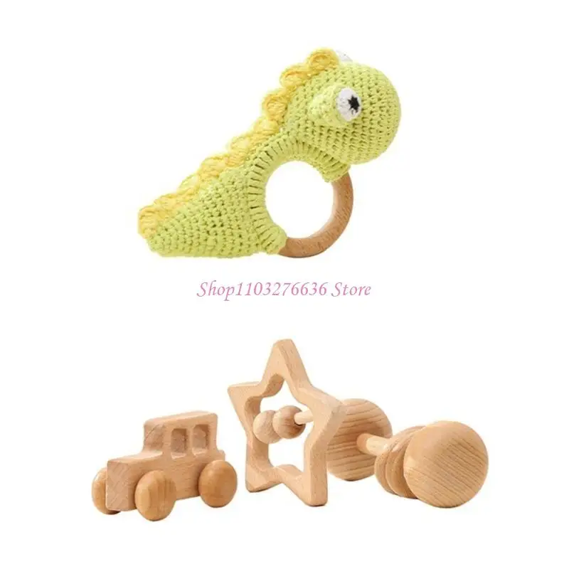 R6FD Wooden Nursing Crochet Cartoon Hand Bells Teether Toy Cognitive Stimulation