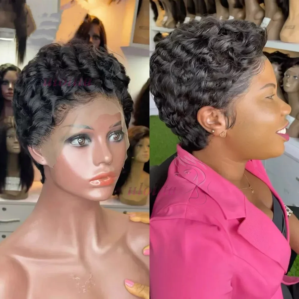 Pixie Cut Wig Malaysian Short Curly Hair Wigs Pre-Plucked Pixie Cut Curly Wig 13x4 Transparent Lace Front Wigs For Black women