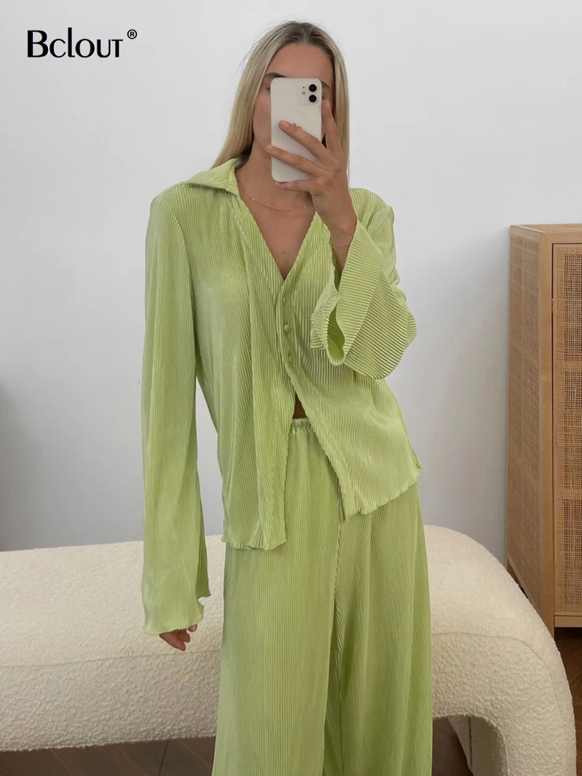 Bclout Green Flare Sleeve Blouses Summer Casual Single Breasted Shirts Fashion Woman 2022 Autumn Pants Sets 2 Piece Outfit Women