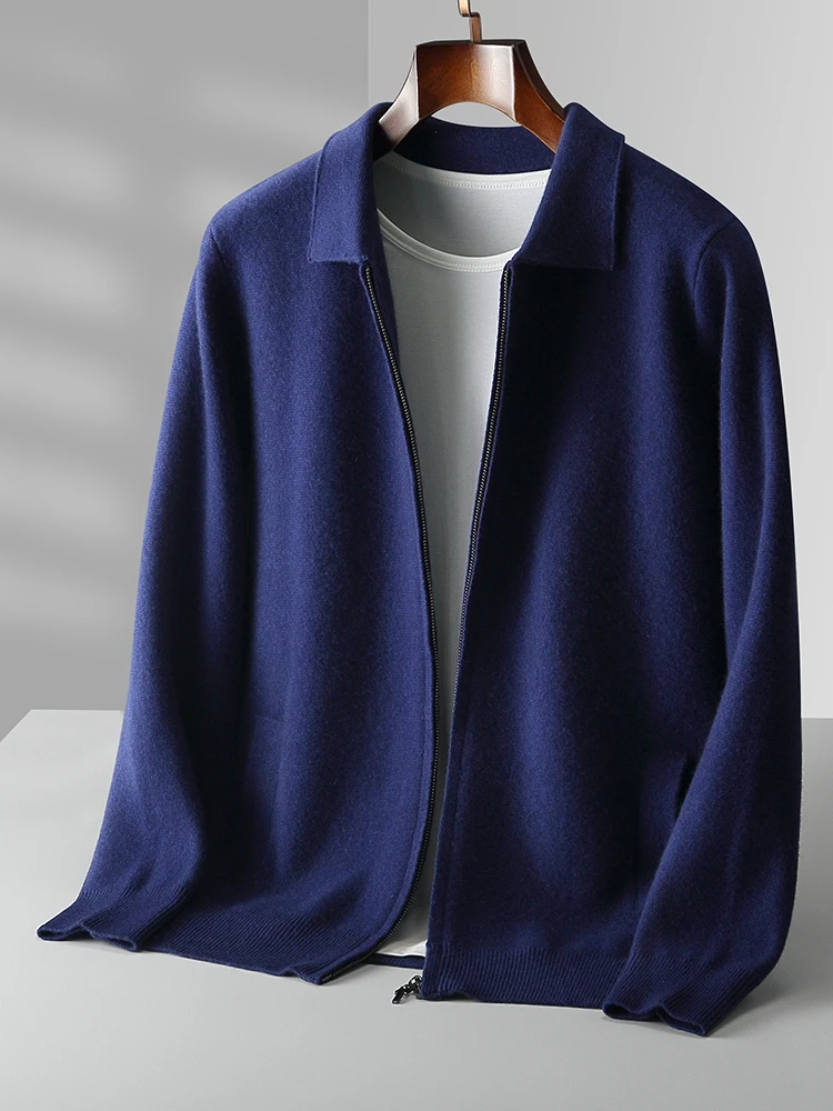 ฤดูใบไม้ร่วงWinte 100% ออสเตรเลียMerinoขนสัตว์สีทึบMens Full-Zipเสื้อสเวตเตอร์ถักเสื้อโปโล 2025 สินค้าใหม่เสื้อ...