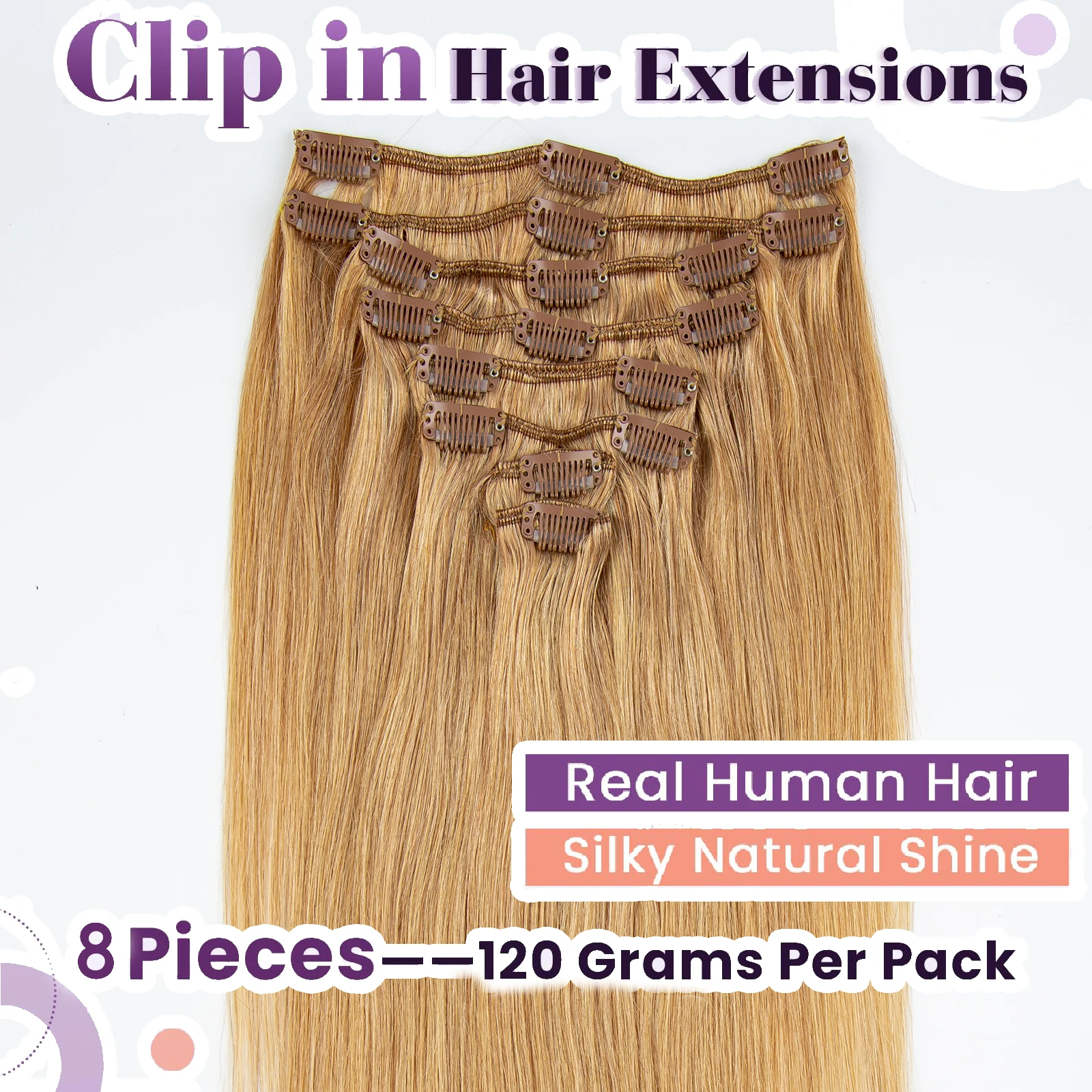 Extensiones de cabello humano con Clip Invisible, cabello humano liso, rubio miel, Remy, brasileño, 27, 8 unidades por juego