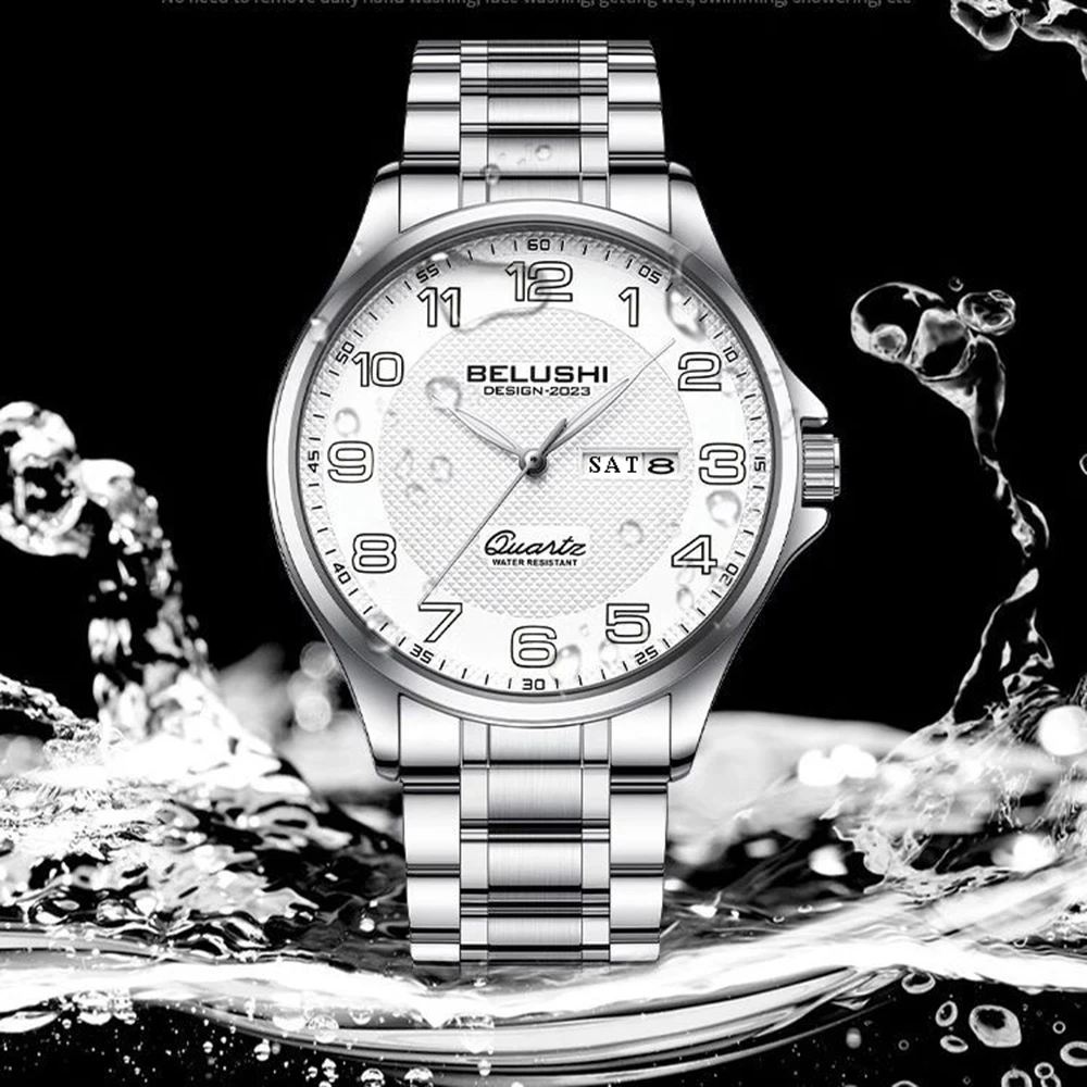 BELUSHI Brand New Top Quality Quartz Wristwatch for Men and Women Date Week Luminous Clock Steel Casual Couple Watches for Lover