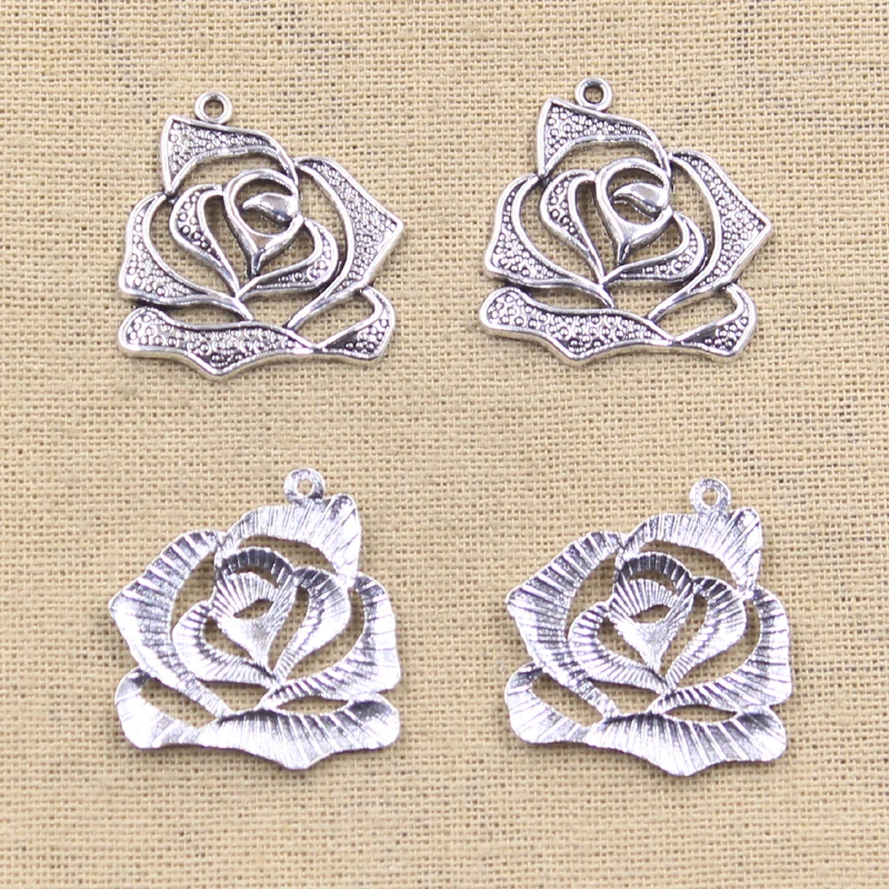 8pcs Charms Rose Flower 26x28mm Antique Silver Color Plated Pendants Making DIY Handmade Tibetan Silver Color Finding Jewelry