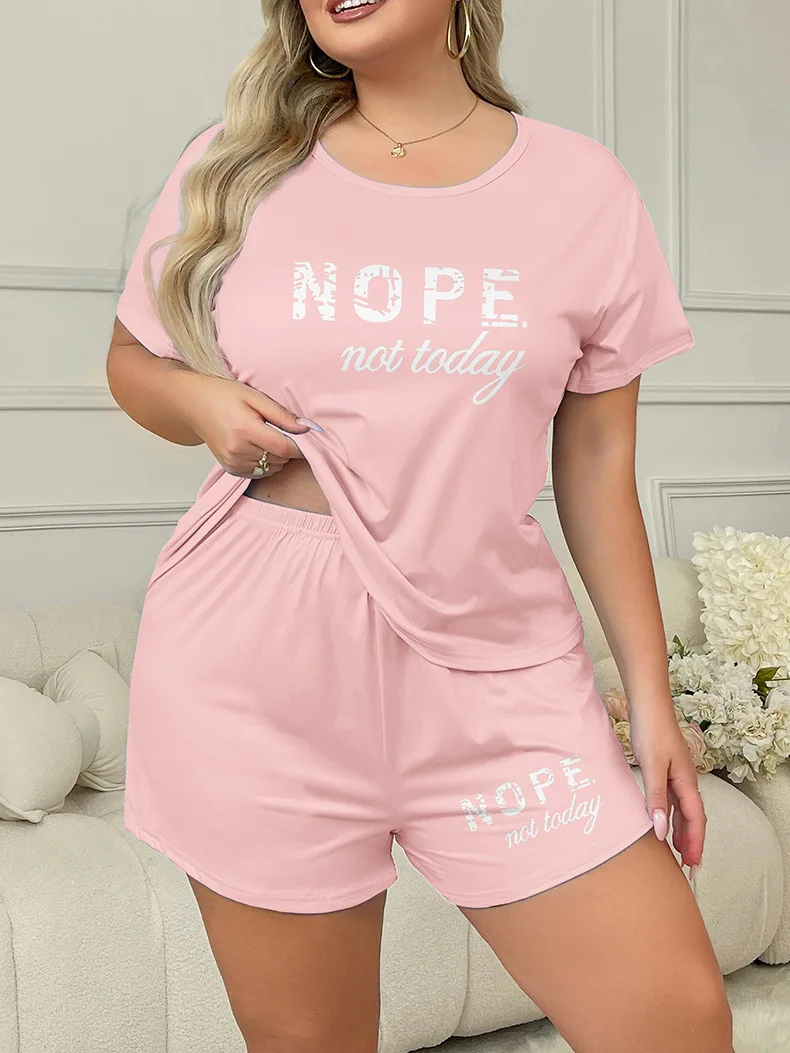 Pyjama-Set mit Buchstaben-Print, kurzärmeliges T-Shirt und elastische Shorts, Übergröße, passend für Damen, Freizeitkleidung, Sportbekleidung, Loungewear, Homewear – Detail 11