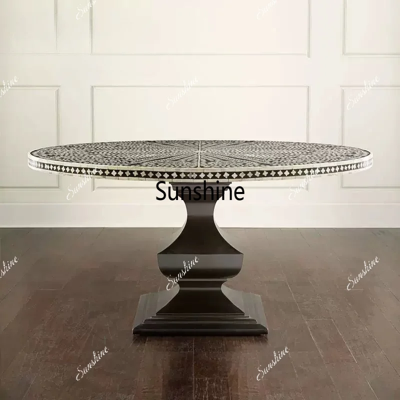 Furniture round, solid wood neoclassical high-end, inlaid shell painting, rural
