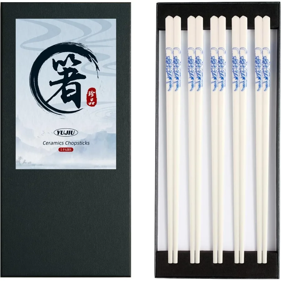 

Фарфоровые палочки для еды, набор из 5 пар многоразовых керамических палочек для еды с нескользящим дизайном, можно мыть в посудомоечной машине, элегантная подарочная коробка, пакет