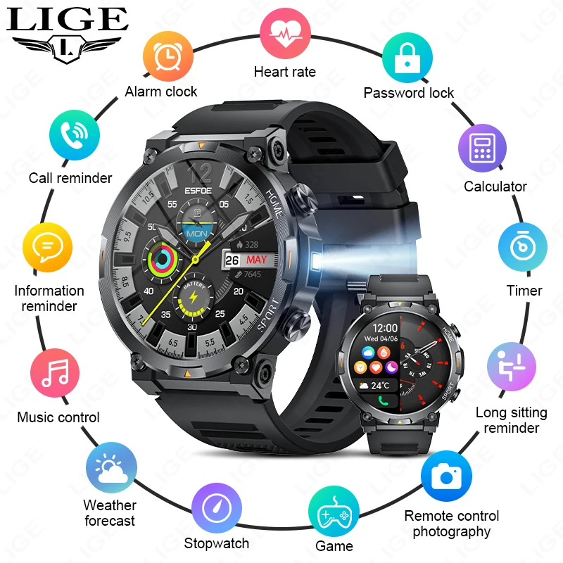 LIGE 2026 Smart Watch Men 466*466 AMOLED HD Screen Waterproof Sport Fitness Watches Flashlight New Men Smartwatch For Andrio IOS