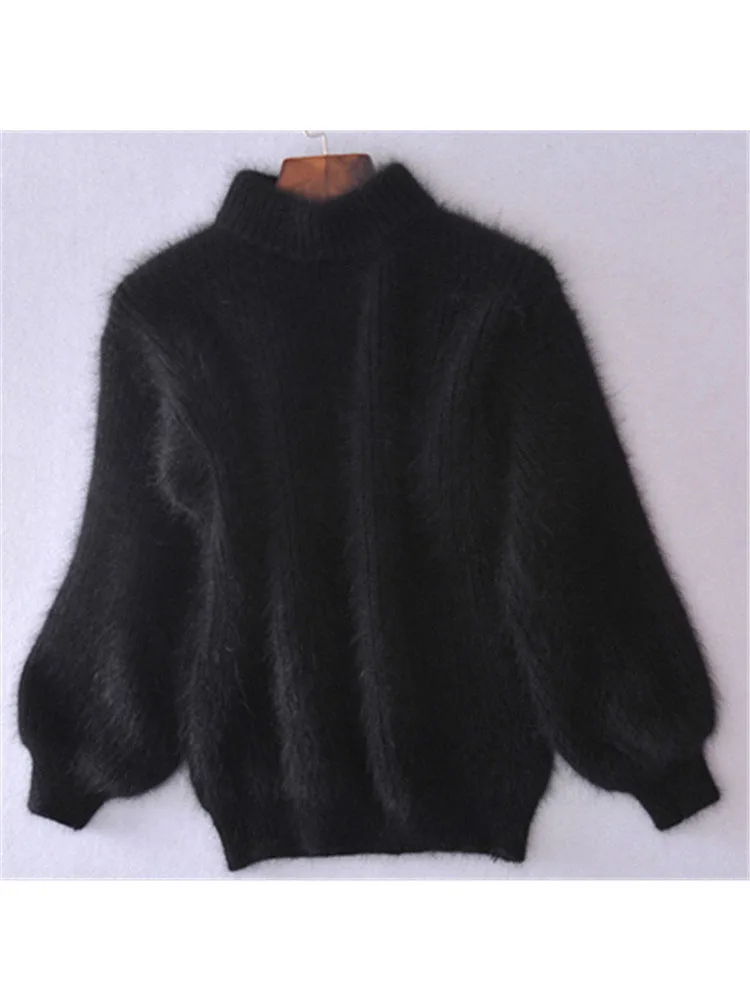 Suéter de cuello alto grueso de Mohair blanco Otoño Invierno dulce moda linterna manga Casual Color sólido jersey pull femme