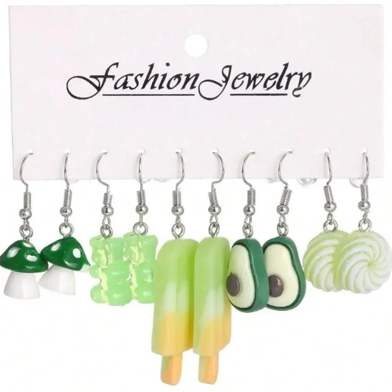 5 Pairs Colorful Fruit Icestick Mashroom Flower Drop Earrings Resin Strawberry Avocado Bear Optionable Charm Fishhook Earrings