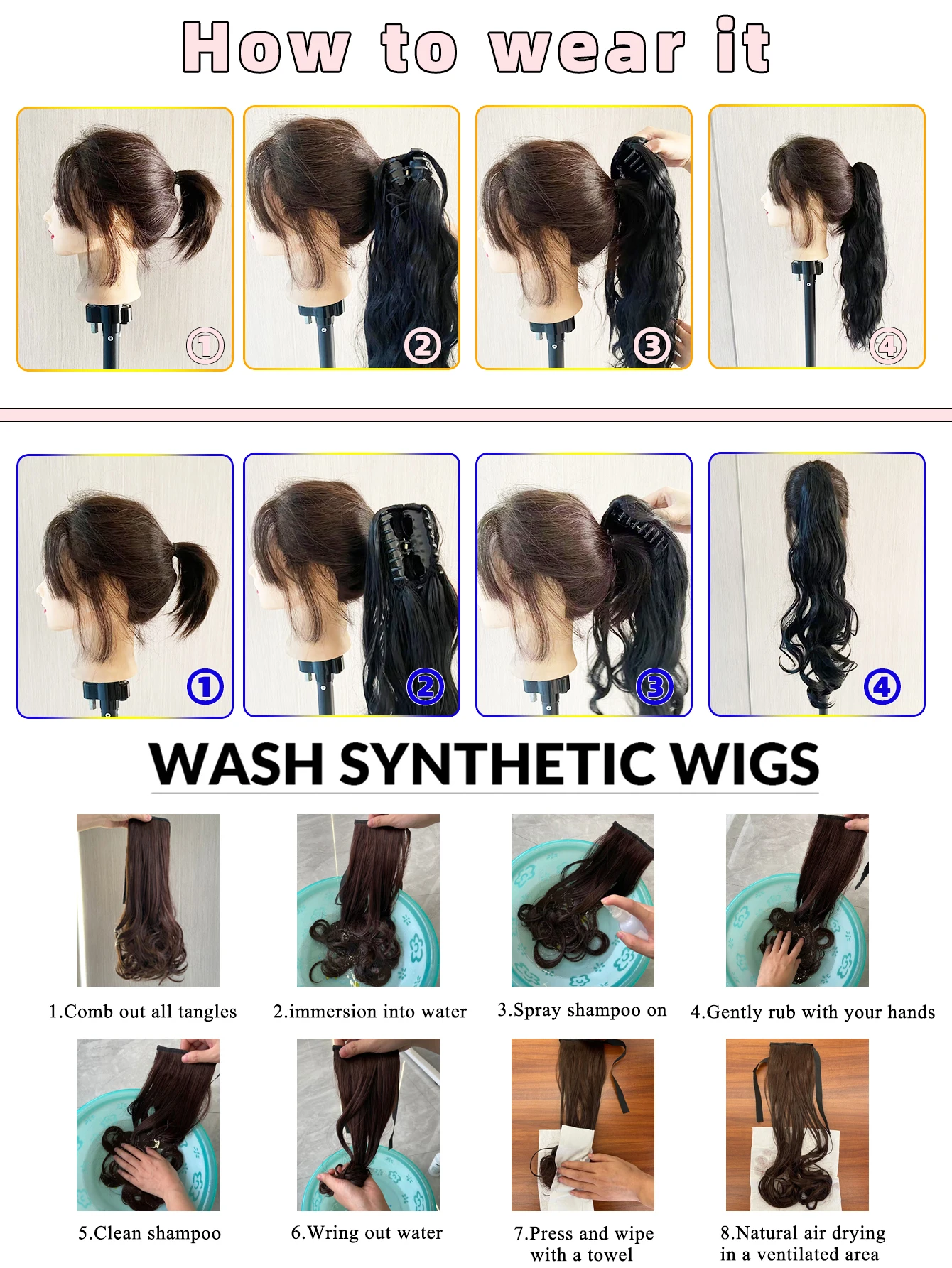 Extensões sintéticas do cabelo com grampo da garra, rabo de cavalo encaracolado ondulado longo, onda natural, parte do cabelo para o Dia Das Bruxas,