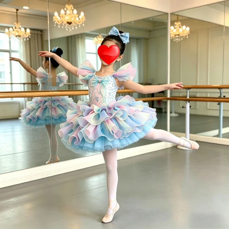 Vestido de tutú de ballet con degradado de arcoíris para niñas, vestido de tul con volantes en capas para actuación del Día del Niño, vestido de ballet para niñas
