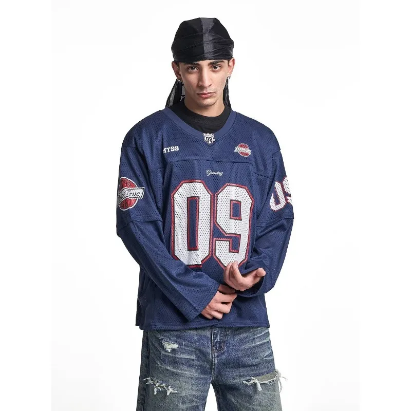 

Мужская дышащая сетчатая толстовка с длинными рукавами, свободный спортивный топ с v-образным вырезом, уличная одежда с цифровым принтом, спортивная одежда в стиле хип-хоп, весна-осень