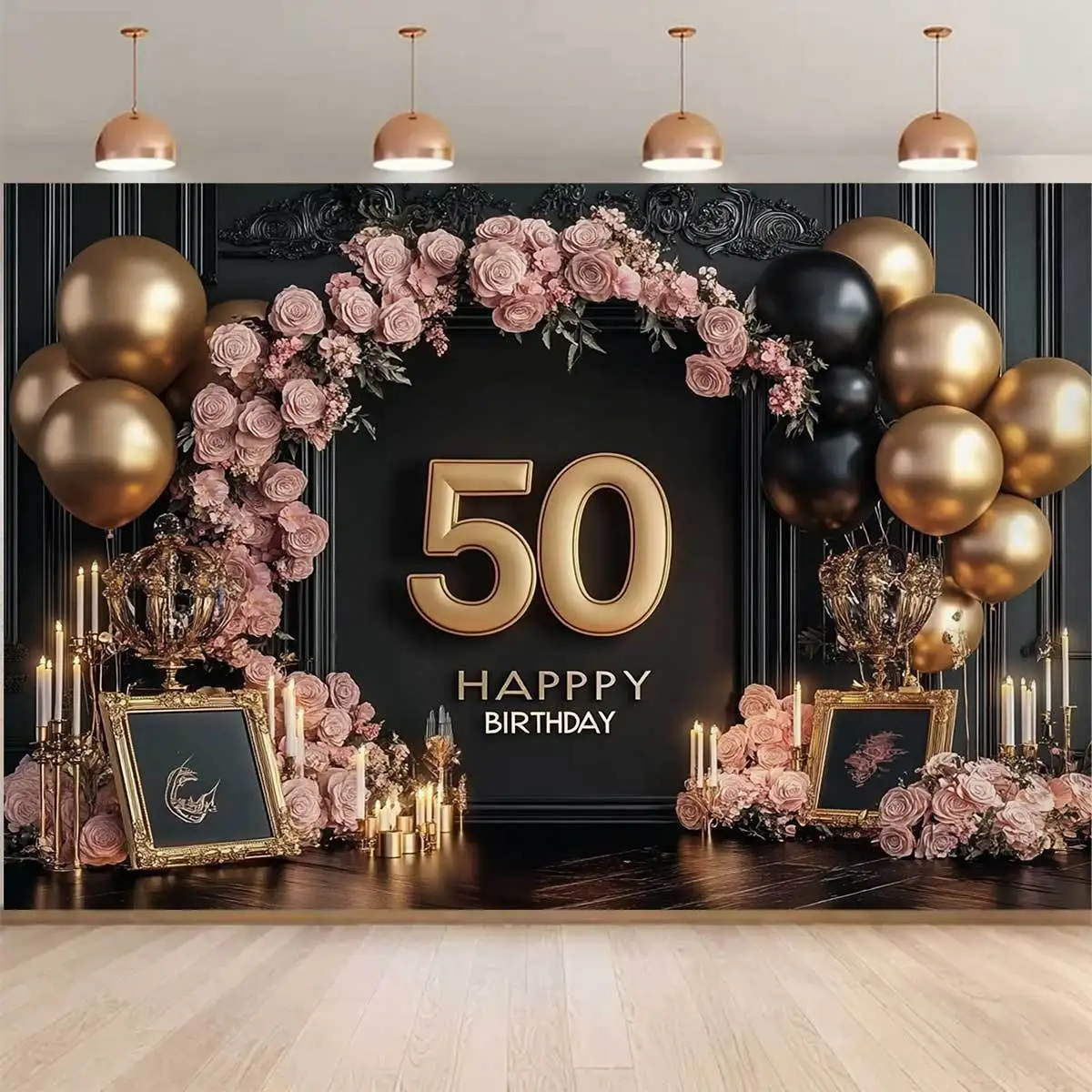 Eleganter Hintergrund zum 50. Geburtstag – Design „Happy Birthday“, Rosen, Kerzen und Luftballons, Geburtstagsparty-Dekorationen