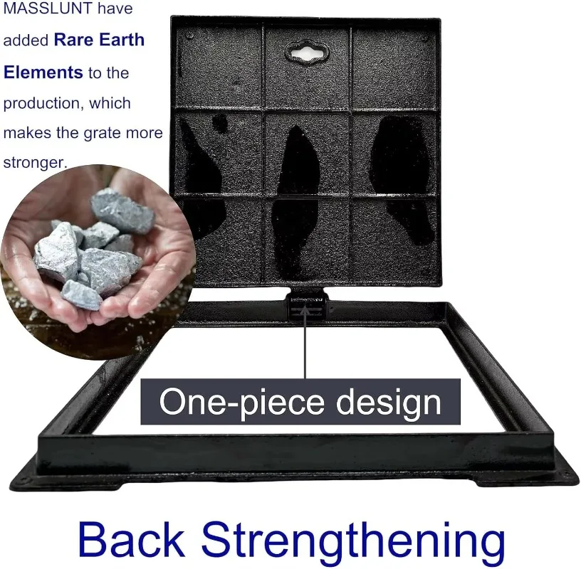 Cast Iron Manhole Cover Heavy-Duty Driveway Septic Tank Lid with Base, Square Anti-Slip Inspection Well Cover