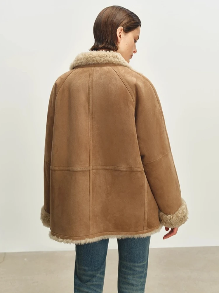 الراقية الفاخرة فرو الضأن الطبيعي سترات من جلد الغزال للنساء بسيطة خمر على الوجهين ارتداء الشتاء جلد طبيعي معطف الفرو الحقيقي #3