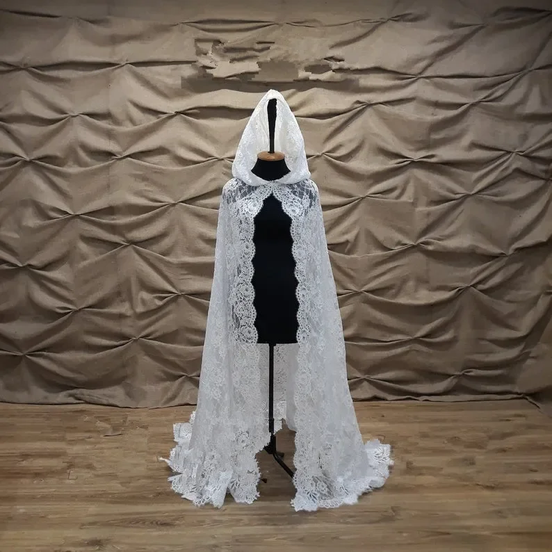 Capa de boda con capucha, capa de encaje, velo de novia de boda, mantilla, abrigo de Iglesia, capa de boda, capa de encaje