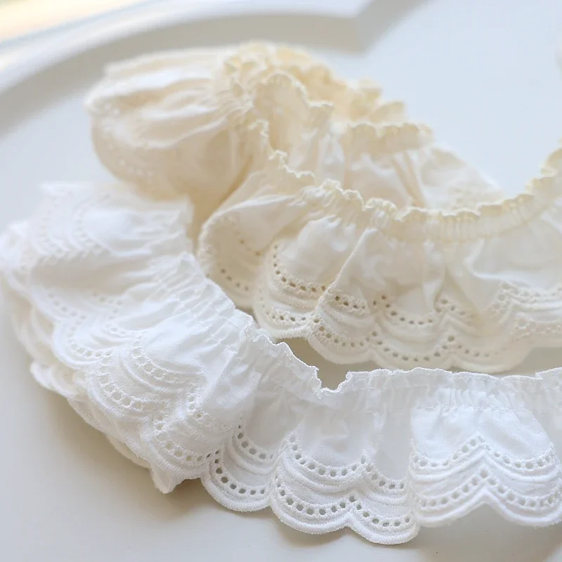2Yards Cotton Pleated Fabric Embroidered Lace Guipure, Neckline Cuffs, Ruffle Trim, DIY Sewing Decor