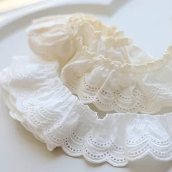 2Yards Cotton Pleated Fabric Embroidered Lace Guipure, Neckline Cuffs, Ruffle Trim, DIY Sewing Decor