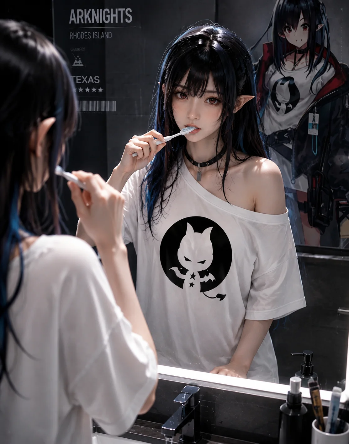 Arknights Closure Cosplay T‑Shirt, Demon Mascot Graphic Print Casual Off‑Shoulder Short‑Sleeve Unisex Polyester Top