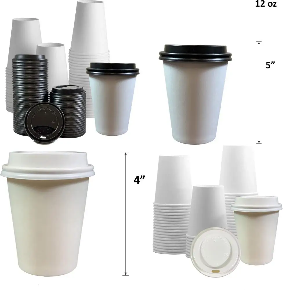 

12oz Disposable White Paper Coffee Cups with Black Lids, 400 Count, Eco-Friendly and Convenient for Parties and Events