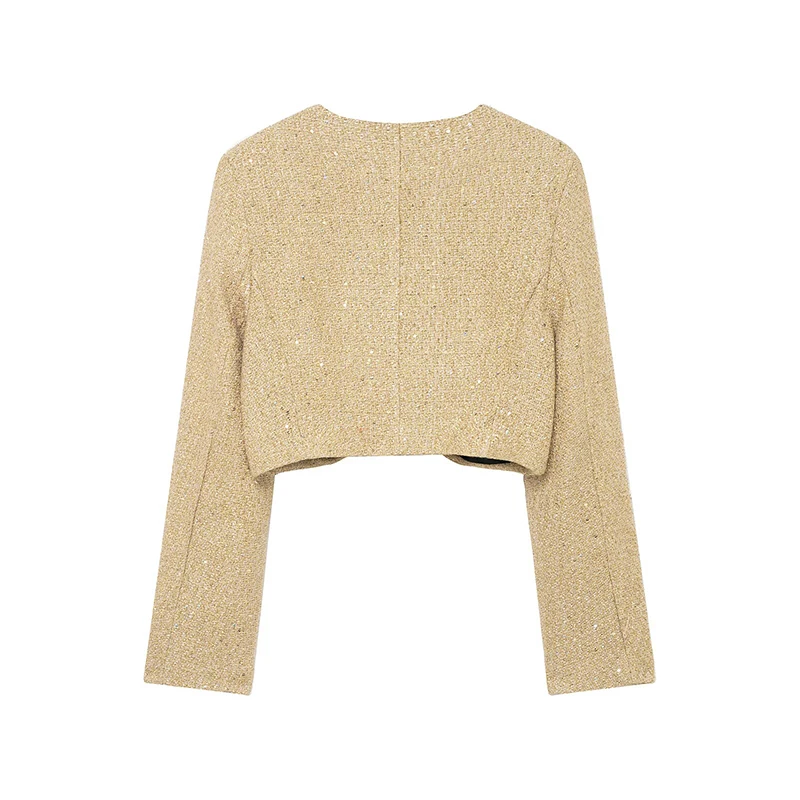 Willshela Moda donna con paillettes dorate con bottone singolo Giacche corte Vintage maniche lunghe O-Collo Abiti da donna chic femminili