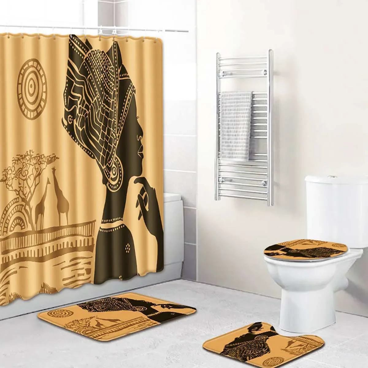 4 Pcs Afro Black Woman Shower Curtain Set Waterproof Fabric Bath Curtain Tribal Non-Slip Bath Mat Toilet Lid Cover Decor