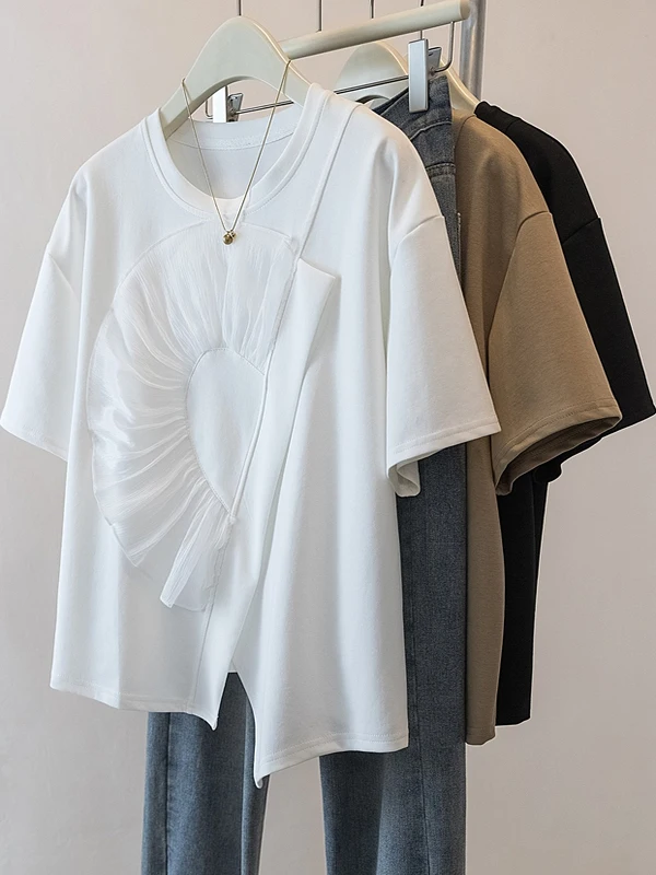 Slimming Design Irregular Short Sleeve T-Shirt Women's Summer Fashion plus Size Base Shirt Korean Style Commute Wind Loose Fit