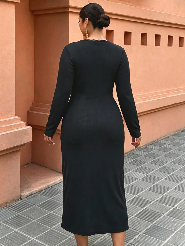 GIBSIE Plus Size Black Contrast Lace V-Neck Bodycon Dress Women Spring Autumn Long Sleeve Ruched Elegant Long Dresses 2026 New